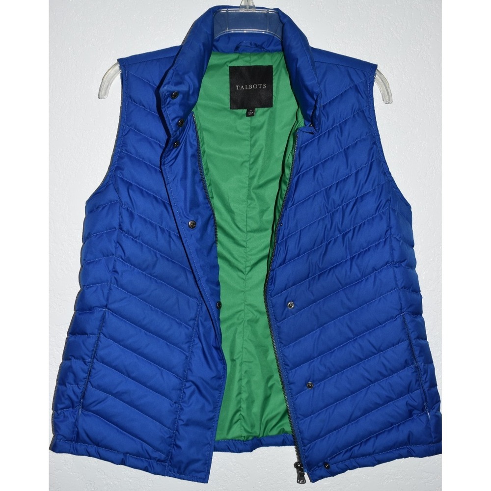 Talbots M Down Filled Vest  Blue Green Sleeveless Zip and Snap Front Zip Pockets